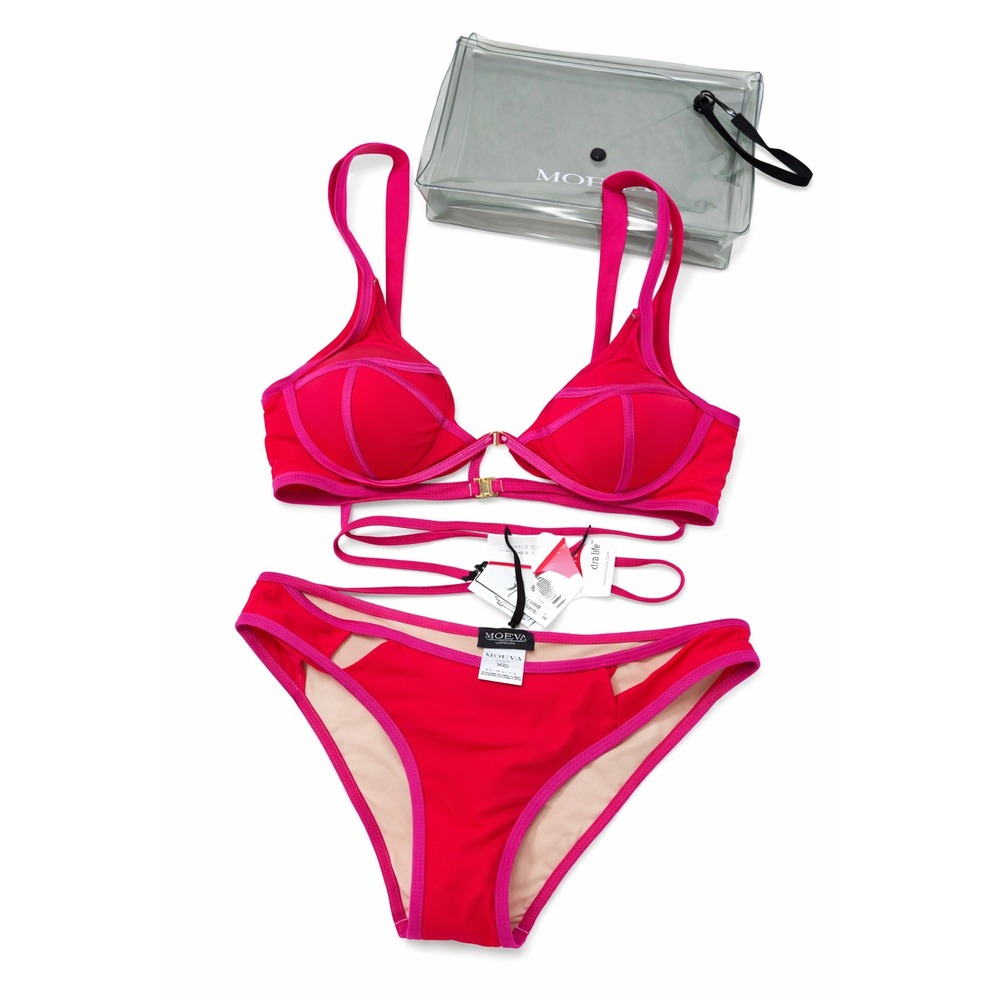 MOEVA London Indira Bikini Set Pink Red Swimsuit Size M Top, XS Bottom NWT